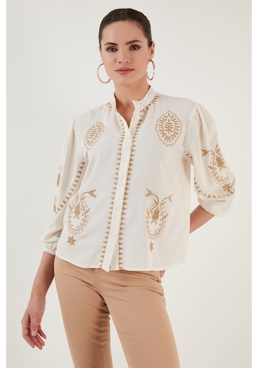 Lela Nakış Işlemeli Truvakar Kol Hakim Yaka Pamuklu Şile Bezi Bayan Gömlek 611Bz0044 Ekru-Bej