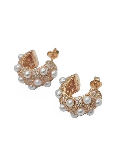 İncili Elegance Kalın Gümüş Halka Küpe - Gold Renk Altın