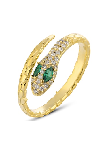 Zanaatsilver 925 Ayar Gümüş 14k Altın Kaplama Yeşil Gözlü Yılan Modeli Yüzük