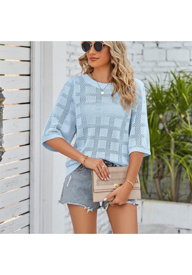 Hnxc Kadın Modası Rahat Yazlık Düz Renk Baskılı 3/4 Kollu O Yaka Bluzlar Ve Gömlekler Siyah