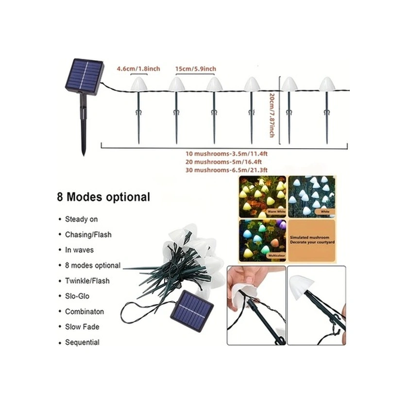 Trendooze Sunshine022 10 20 30 Led Solar Mantar Bahçe Lambası 8 Modlu 3.5m 10 Adet Farklı Renkli Çok Renkli