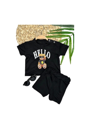 9-12-18-24 Ay Hello Gözlüklü Ayıcık Baskılı Şortlu Kısa Kollu Tişört 2li Erkek Bebek Takımı Siyah