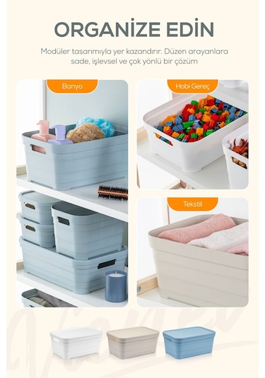 Vienev 4'lü Kapaklı 5 Litre Saklama Kutusu Bej Bej