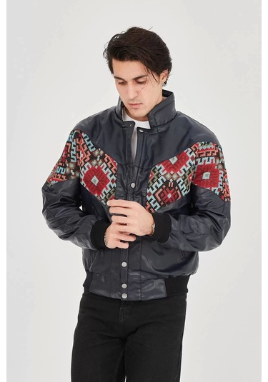 Erkek İçi Astarlı İçten Yaka Kısmı Peluşlu Suni Kumaş Vintage Ceket - Lacivert Lacivert