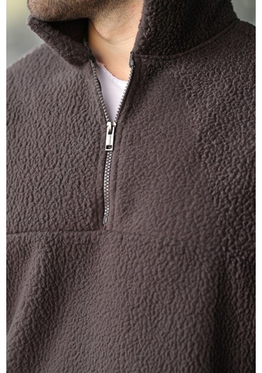 Madmext Füme Yarım Fermuarlı Dik Yaka Polar Sweatshirt E7165 Füme