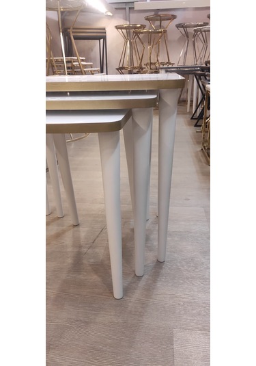 3 Lü Mdf Lam Zigon Sehpa Takımı , Ahşap Zigon Sehpa Beyaz - Altın