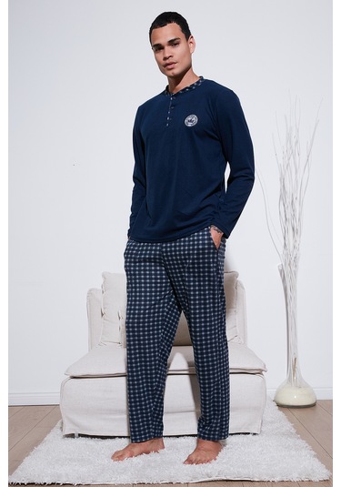 Buratti Ekoseli Yumuşak Dokulu Regular Fit Uzun Kollu Erkek Pijama Takımı 609611030 Lacivert-Gri