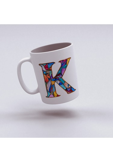 K Harfi Bardak 330 Ml İsme/harfe Özel Hediye, Renkli Harf Tasarım Beyaz