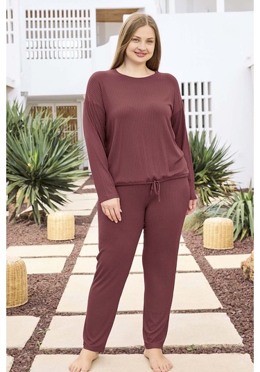 Büyük Beden Viskon Kadın Uzun Kol Pijama Takımı 250470 Mürdüm01 Mürdüm01