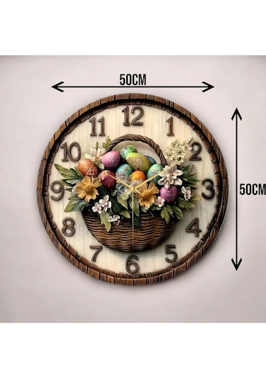 Çiçek Sepeti Kabartma Görünümlü Renkli Baskı Desenli Sayılı Hediyelik Ahşap Sessiz Duvar Saati 50cm ÇOk Renkli