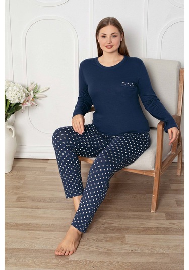 Kadın Bisiklet Yaka Düğmesiz Dökümlü Viskon Mevsimlik Uzun Kol Cepli Pijama Takımı Lacivert-beyaz