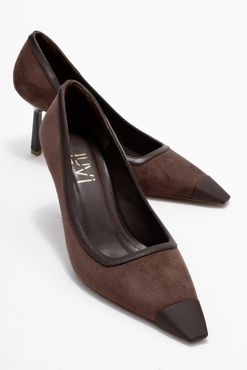 Rona Kahverengi Süet Mat Burunlu Kadın Topuklu Ayakkabı Kahverengi