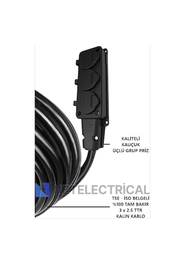 Kauçuk 3'lü 17 Metre Topraklı Grup Priz - 3x2.5 Ttr Tam Bakır Kalın Siyah Kablo 17 Metre
