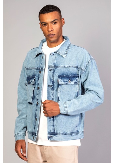 Erkek Buz Mavisi Körüklü Cep Oversize Kot Ceket Buz Mavi