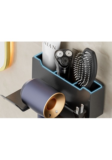 Lichen Saç Kurutma Makinesi Rafı, Punch Yok, Banyo Duvara Montaj Gri