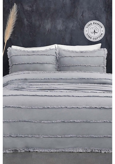 Evlen Home Pamuklu Echos Yatak Örtüsü Takımı Günlük Çift Taraflı Kişilik 3 Parça Dolgulu El İşi Gri
