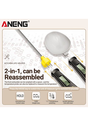 Yifomall Aneng Htc-6 Dijital Ölçü Kaşığı Ve Mutfak Termometresi, Hassas Ağırlık Ölçümü G/oz/lb Ve Sıcaklık Kontrolü / , Siyah, Cr2032 Pil İle Teslim