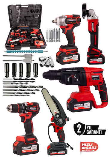 Kimmeer Plus KMP2026K5S Profesyonel 21V Matkap + Hilti +  Taşlama +  Somun Sıkma +  Testere 5'lı Set Kırmızı