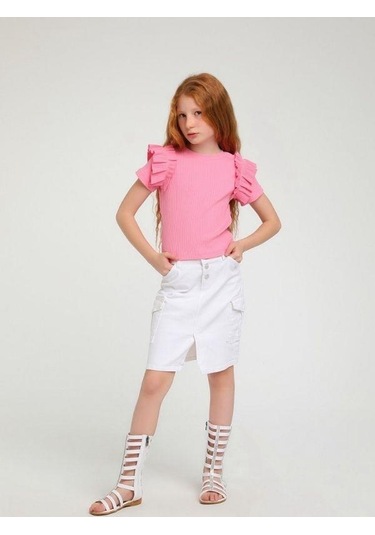 Kız Çocuk Pamuklu Bel Ayar Lastikli Dar Kot Beyaz Etek-14122 Beyaz