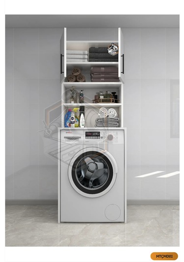 Tamamı Mdf Açık Raflı ve Kapaklı Çamaşır Makinesi Dolabı Beyaz