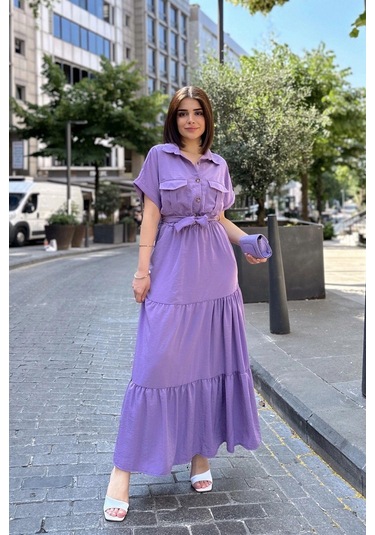 Mor Kısa Kol, Airobin Kumaş, Yarım Patlı, Kemerli/kuşaklı, Eteği Pliseli, Cepli Maxi Uzun Elbise Mor