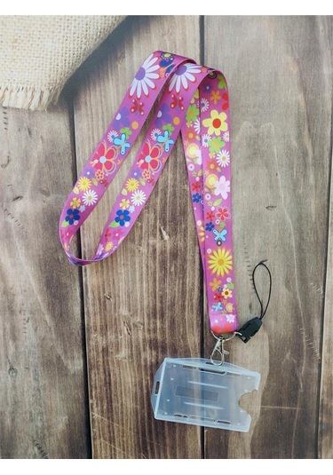 Kır Çiçekleri Pembe Kart Askısı Yaka Kartı Boyun Askı İpi Telefon Askısı Yatay Dikey Kart Koruyucu
