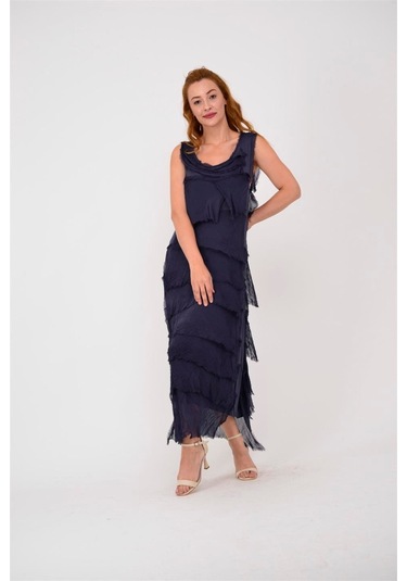 Italyan 2 Beden İnce Gösteren Kat Kat Kolsuz Ipek Elbise-8769 Lacivert