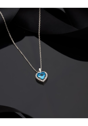 925 Ayar Akuamarin Taşlı Rodyum Pırlanta Görünümlü Kalp Gümüş Kolye Rn10310 Gümüş
