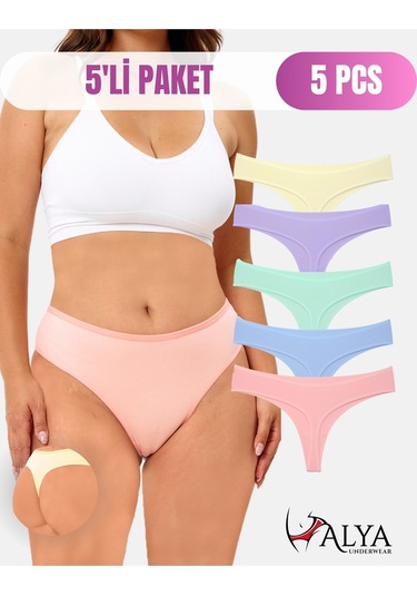 Alya Underwear Kadın Bato Tanga Pamuklu Külot, Büyük Beden String, 5'li Paket- 2 Siyah, 1 Beyaz, 2 Ten P15