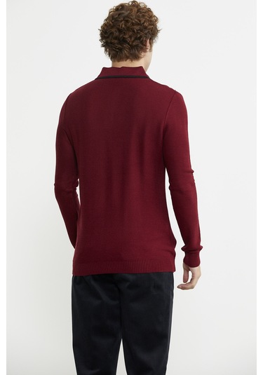 Polo Yaka Düğmeli Triko Kazak - Bordo 001