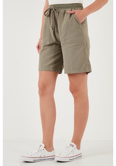 Lela Pamuklu Relaxed Fit Yüksek Bel Cepli Mini Bayan Şort 668Yp5384 Haki