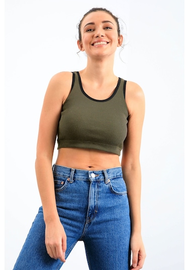 Tommy Life Haki Basic Sıfır Kol Dar Kalıp U Yaka Kadın Crop Top Atlet - 97160 Haki