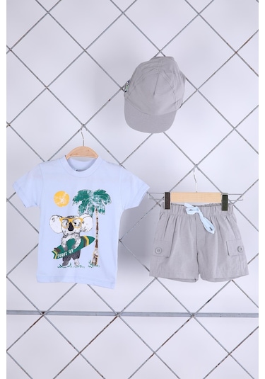 Babyhola 3'lü Tişört Keten Şort Şapka Erkek Bebek Çocuk Bayramlık Alt Üst Takım Elbise 02101 Mavi