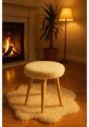 Albatros 4 Adet Gürgen Ahşap Ayak , Dekoratif Krem Wellsoft Kumaş Puf Tabure KREM