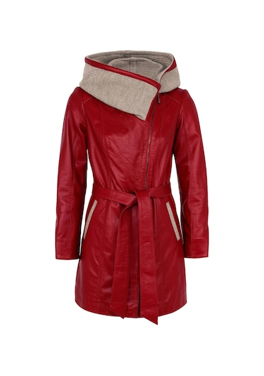 Kırmızı Julia Triko Kapüonlu Kemerli Hakiki Kadın Deri Kaban-kırmızı Kırmızı