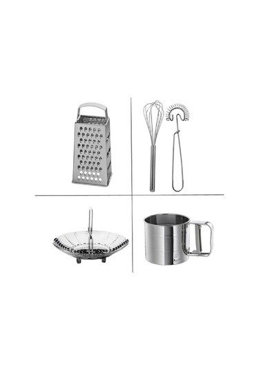 4 Lü Set, Idealısk Rende 2'li Çırpıcı Seti Idealısk Un Eleği Klockren Buharda Sebze Haşlama Gri