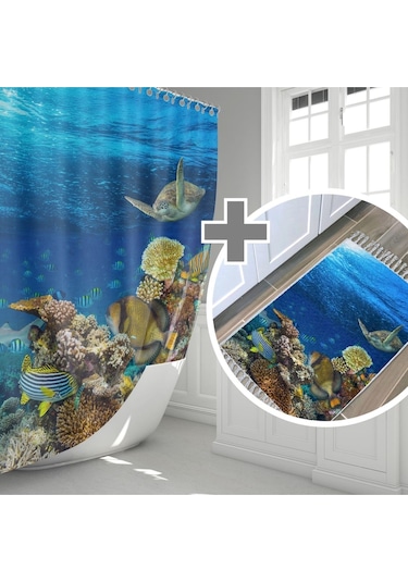Zethome Aquarium Banyo Paspas ve Tek Kanat Duş Perdesi 1x180x200 Mavi
