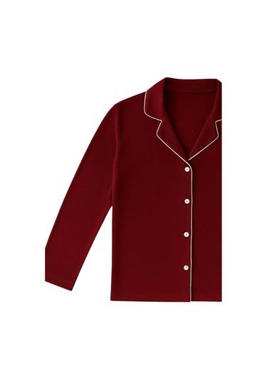 Kadın Bordo Düğmeli Uzun Kol Pijama Takımı Kırmızı