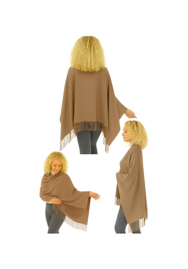 1 Adet Kadın Büyük Bedene Uygun Ekstra Yumuşak Dokulu Püskül Detaylı Kışlık Atkı Omuz Şalı Sütlü Kahve