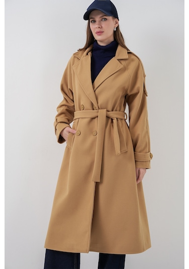 Kadın Kuşaklı Kaşe Kaban 9161 - Hardal Hardal