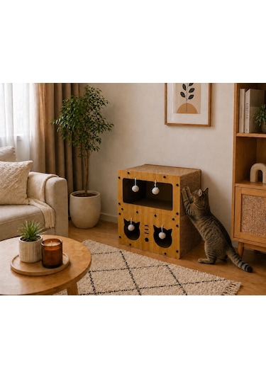Pureza Ahşap Kedi Evi & Karton Tırmalama Alanı