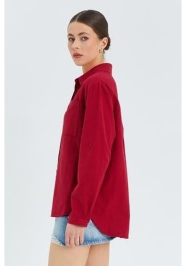 9942 Kadın Oxford Uzun Kol Basic Gömlek Bordo Bordo