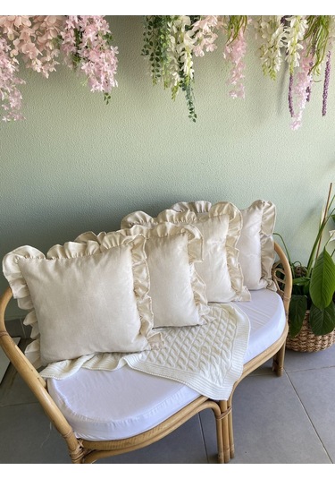 Keten, Bohem, Fırfırlı, Vintage, 4'lü Kare Kırlent Kılıfı Naturel