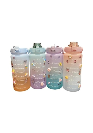 03 2000ml Kawaii Su Şişesi İle Saman Spor Plastik Taşınabilir Kare İçme Şişesi Kız İçin Sevimli Suyu Çay Su Bardakları 007 Kahverengi