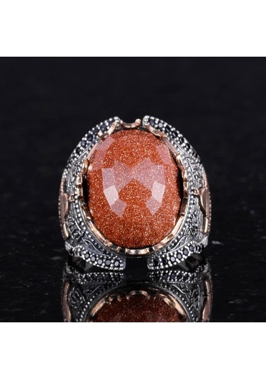 925 Ayar Gümüş Erkek Yüzüğü, Kahverengi Güneştaşı Oluşturulmuş Taş Yüzük Gümüş
