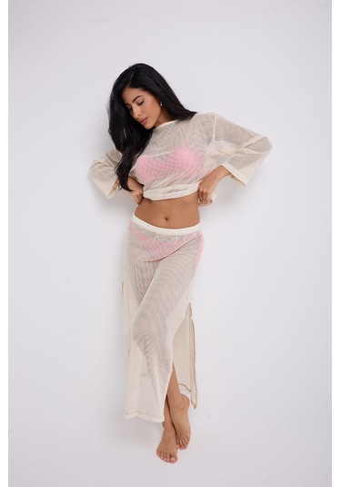 Yırtmaçlı Uzun File Etek Ekru