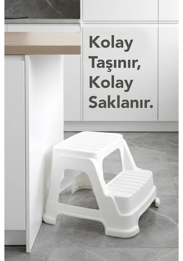 2 Basamaklı Merdiven Tabure - Kaydırmaz Tabanlı Çok Amaçlı Basamak Tabure Beyaz
