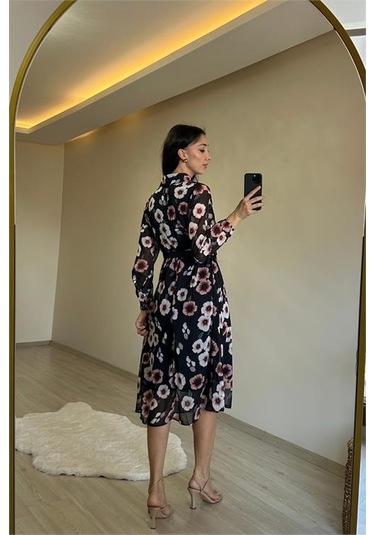 Neşeli Butik Kadın Desenli Gömlek Yaka Midi Elbise Nm011 Mor