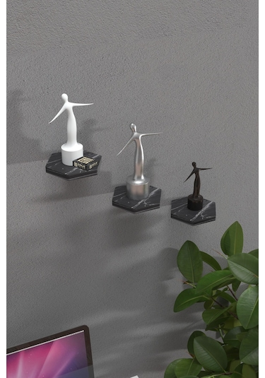 Duvar Rafı Dekoratif 3 Adet Çiçeklik Altıgen Siyah Mermer Desen