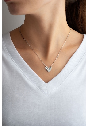 Love 18 Ayar Beyaz Altın Kaplama 45 Cm Gümüş Kalp Kolye